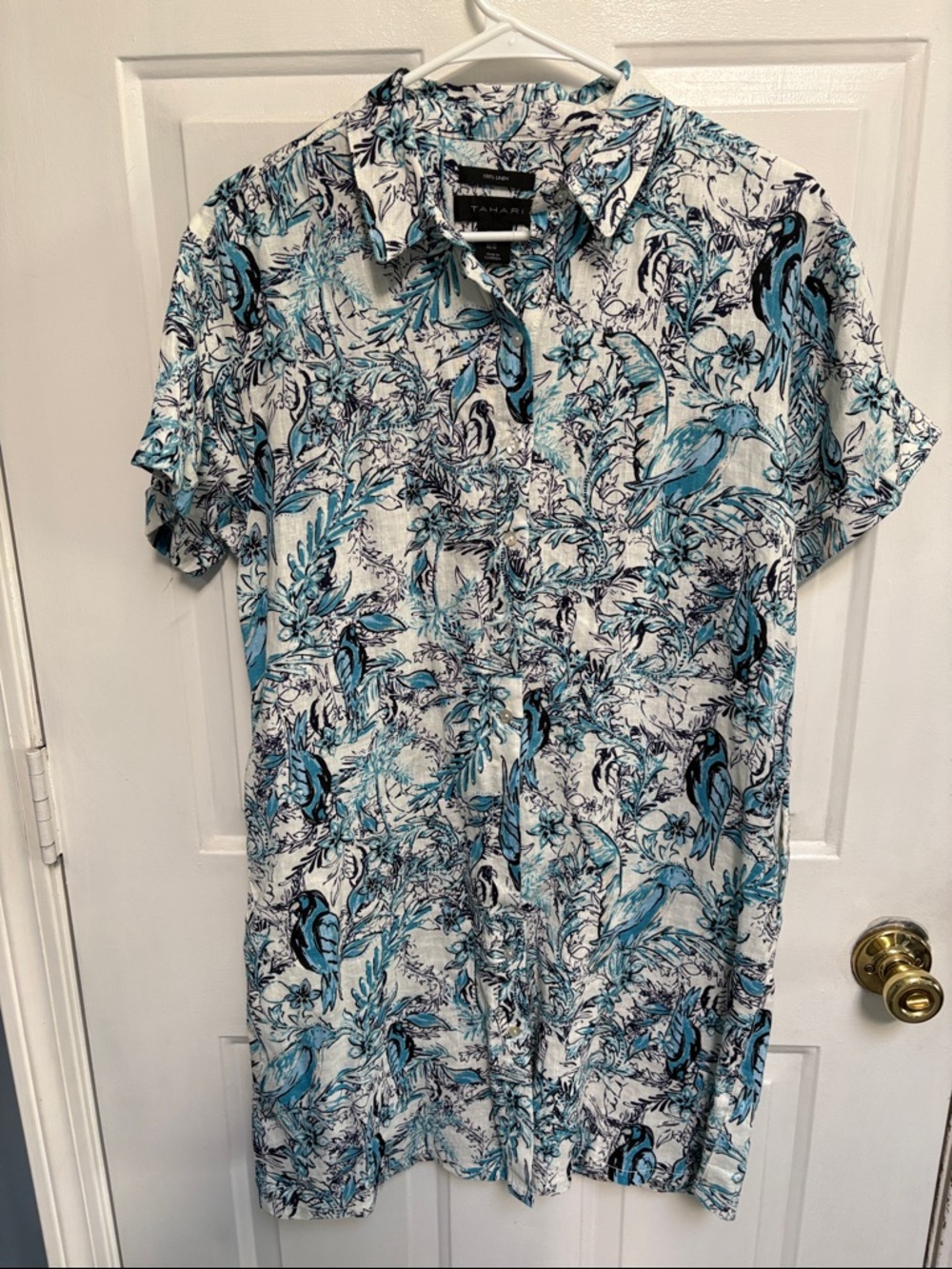 Tahari women's linen shirt dress size medium like new bird pattern